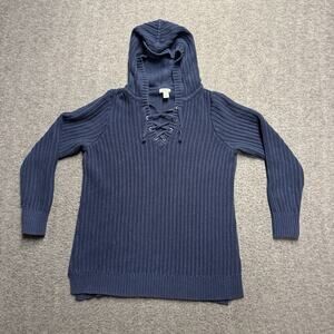 LL Bean Lace Up Hoodie Sweater Women's Medium Blue Knit Pullover V-Neck Cotton